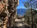 Sentiero margherita: un cammino roccioso con parapetto metallico, alberi e montagne sullo sfondo.