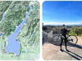 Mappa del giro del lago di Garda km, con ciclista e bici pronti all'avventura.