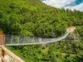 Il ponte tibetano di Mezzolombardo si estende su un profondo canyon, circondato da una lussureggiante foresta verde.