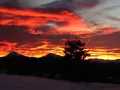 Un infuocato tramonto sulle Dolomiti, con nuvole rosse e arancioni che illuminano il cielo sopra le sagome scure delle montagne e di un pino solitario.