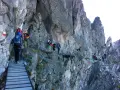 Escursionisti su un sentiero attrezzato, un'avventura di trekking in Adamello tra rocce e passerelle di legno.