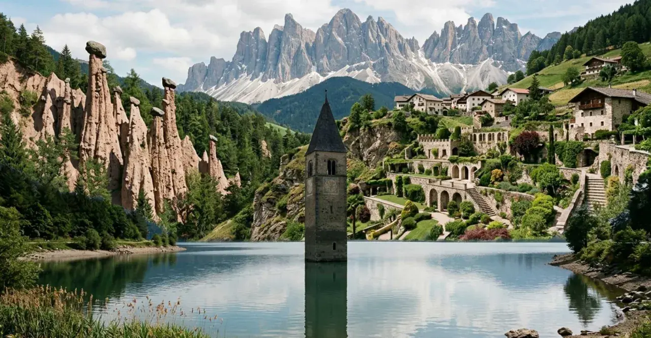 Torre sommersa nel lago di Resia, Trentino Alto Adige, con le piramidi di terra e le Dolomiti sullo sfondo.