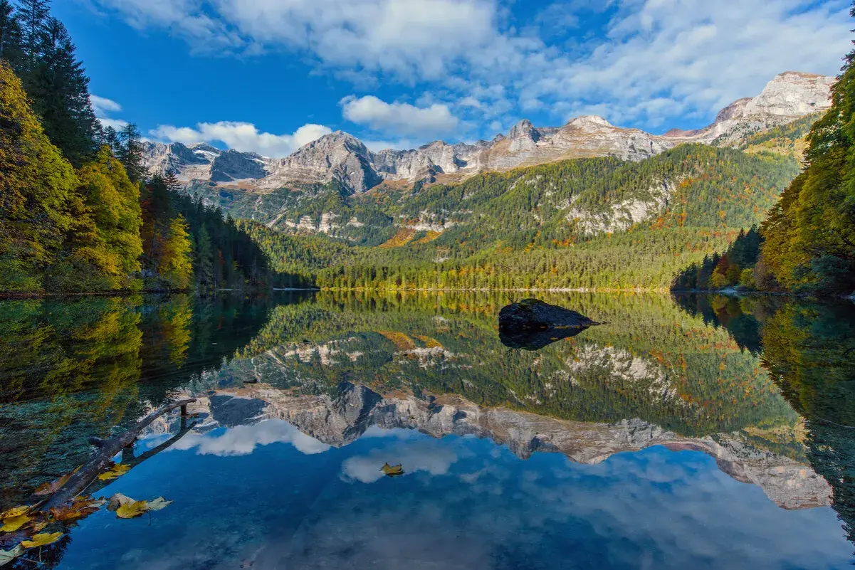 Il **lago di Tovel** riflette montagne maestose e boschi autunnali sotto un cielo azzurro con nuvole bianche. Una roccia emerge dall'acqua cristallina.