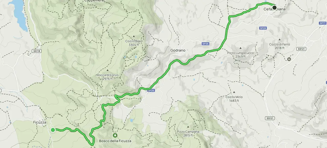 Mappa del sentiero Italia che attraversa boschi e montagne, da Ficuzza a Cefalù Diana, passando per Godrano.