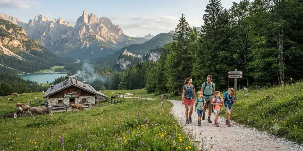 Famiglia in un percorso di trekking facile tra prati fioriti e montagne maestose, con un rifugio alpino e mucche al pascolo.