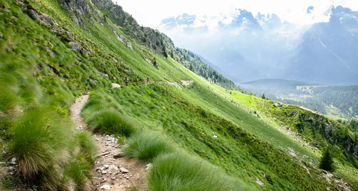 Sentiero nel **parco dell'Adamello**, con escursionisti su un crinale erboso e montagne sullo sfondo.