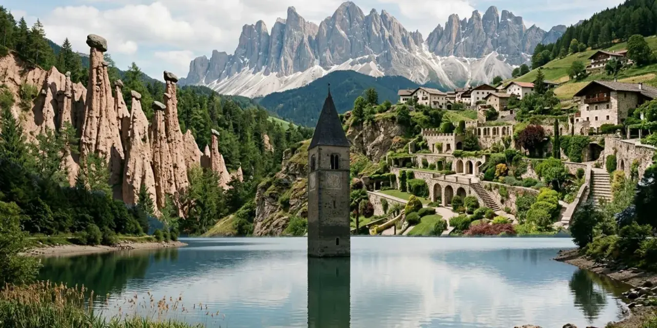 Torre sommersa nel lago di Resia, Trentino Alto Adige, con le piramidi di terra e le Dolomiti sullo sfondo.
