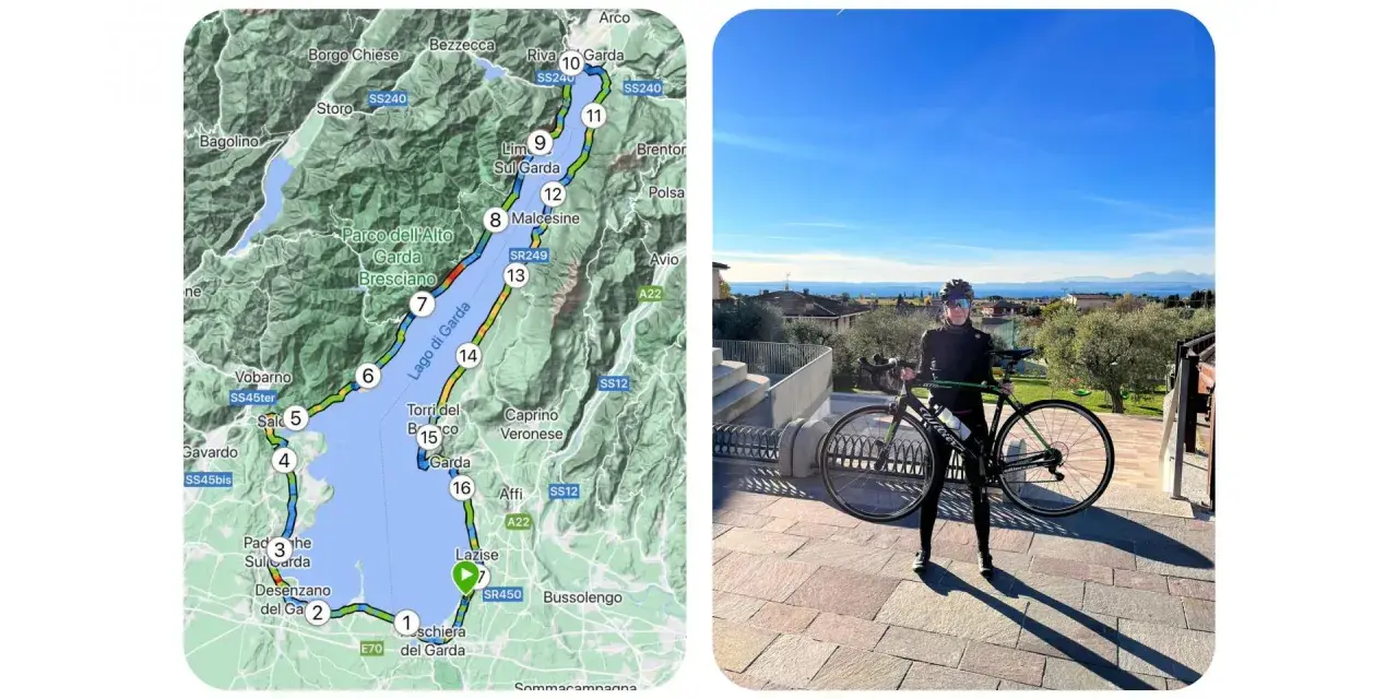 Mappa del giro del lago di Garda km, con ciclista e bici pronti all'avventura.