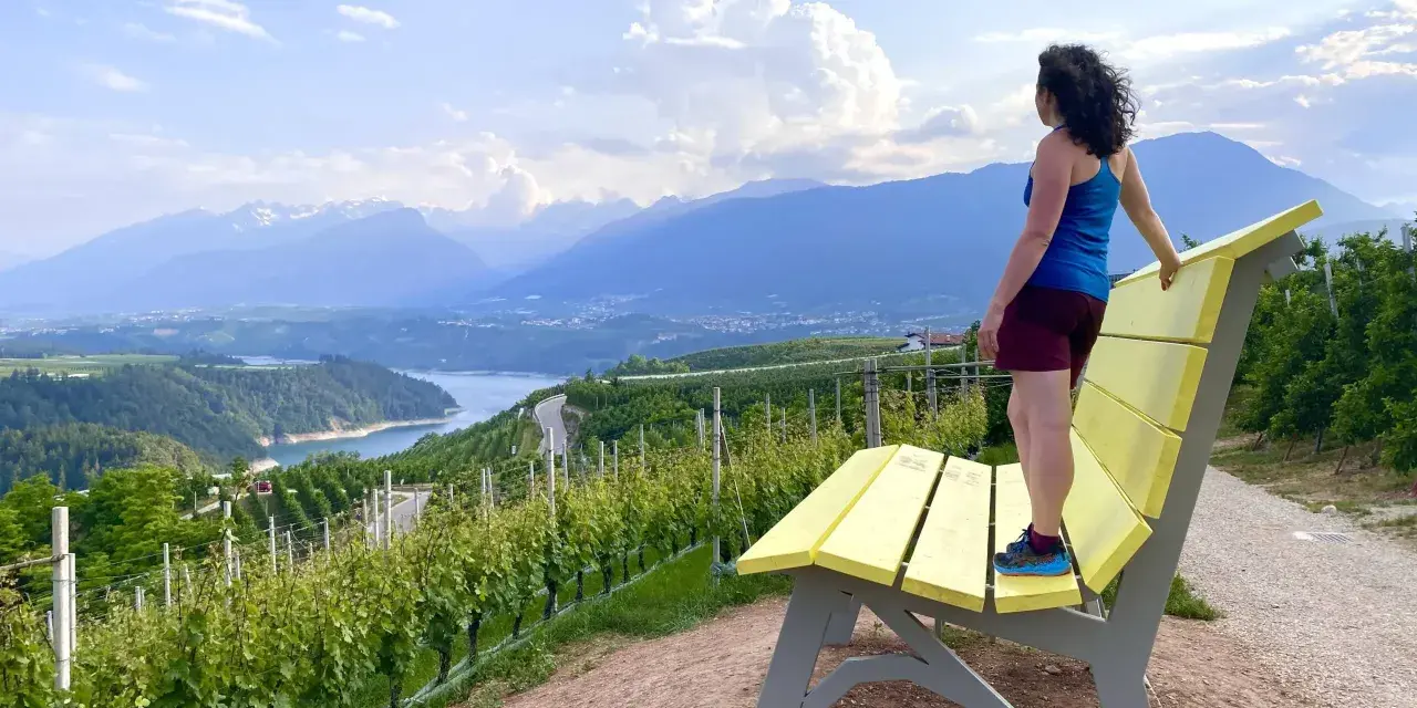 Donna ammira il panorama da una panchina gialla gigante, circondata da vigneti e montagne.