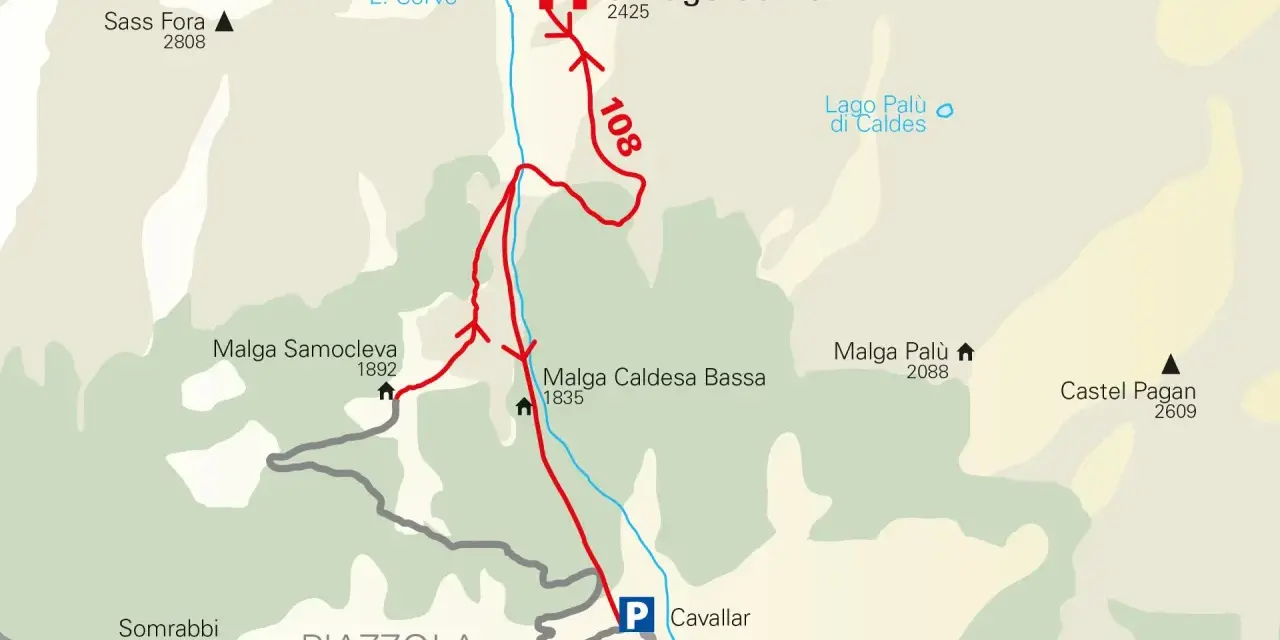 Sentiero 145 e 108 conducono al Rifugio Stella Alpina al Lago Corvo. Vicino si trova il Lago Palù di Caldes.