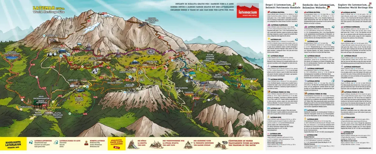 Mappa illustrata del Latemar, Patrimonio UNESCO, con sentieri, rifugi e attrazioni. Un'avventura tra le Dolomiti.