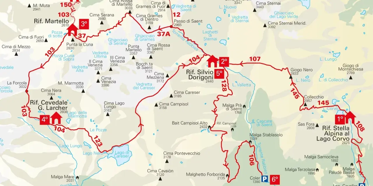 Mappa del Parco Nazionale dello Stelvio con sentieri per escursioni. Percorsi segnati in rosso, rifugi e cime evidenziati.