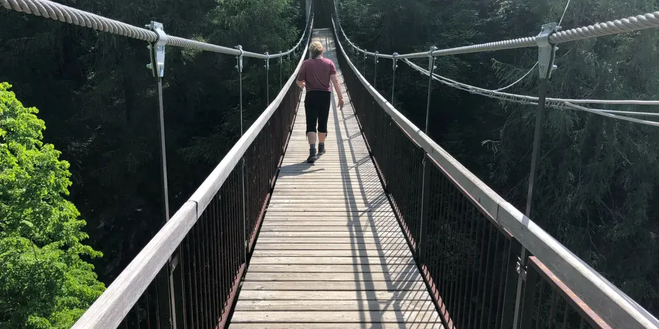 Una persona cammina su un **ponte tibetano** tra gli alberi delle **Dolomiti**.