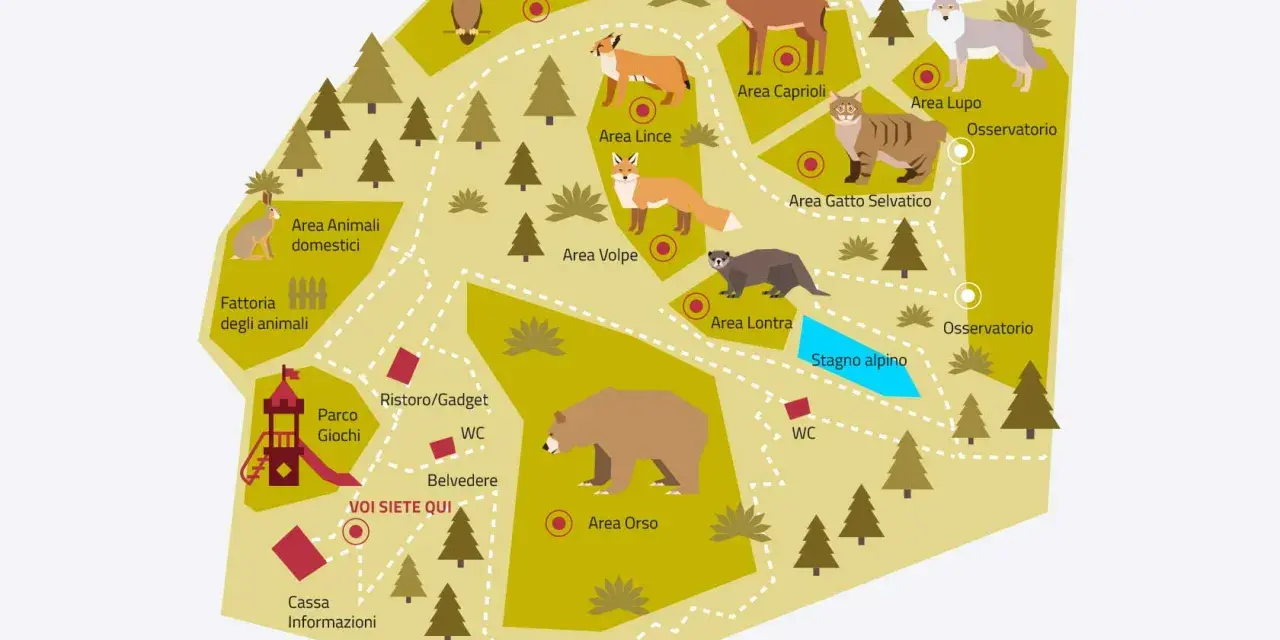 Mappa illustrata di Spormaggiore: scopri le aree degli animali, il parco giochi, il ristoro e gli osservatori. Cosa vedere per un'avventura nella natura!