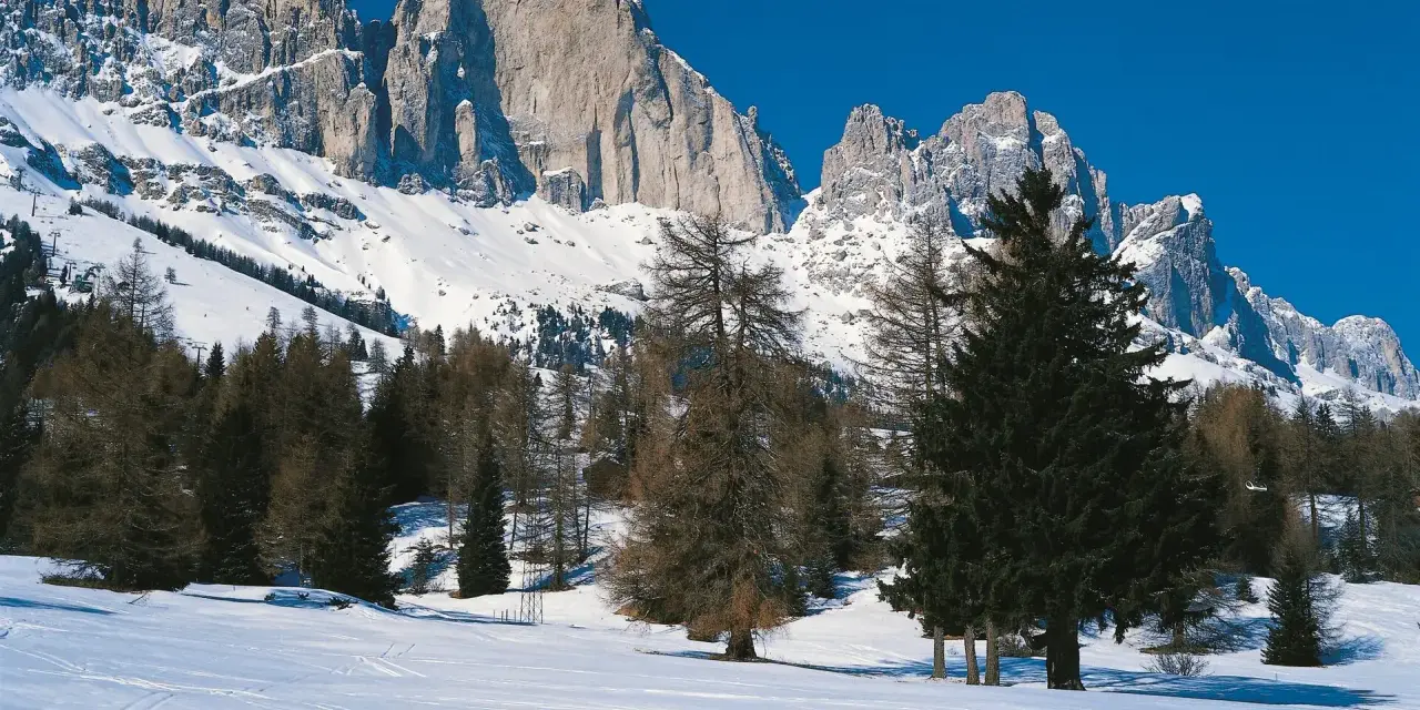 Vaste cime innevate dominano il paesaggio alpino. La **passo costalunga altitudine** è raggiunta tra boschi di conifere e un cielo azzurro intenso.