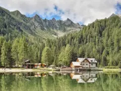 Riflessi sul lago alpino nella piana di Nambino, con boschi di conifere e montagne sullo sfondo.