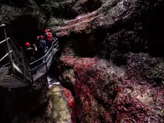 Esploratori con caschi rossi percorrono una passerella metallica nel **canyon Rio Sass fondo**, tra rocce scure e rosse.