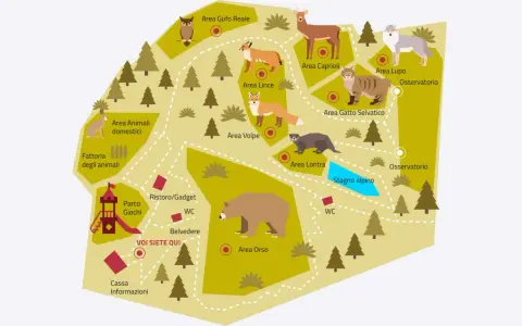 Mappa illustrata del **Spormaggiore parco** con aree dedicate a volpi, lupi, orsi, lontre, caprioli, gatti selvatici, gufi reali, linci, animali domestici e una fattoria. Include parco giochi, ristoro, osservatori e stagno alpino.