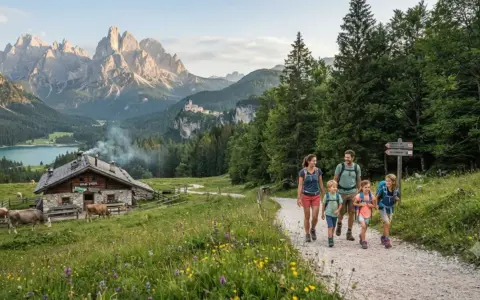 Famiglia in un percorso di trekking facile tra prati fioriti e montagne maestose, con un rifugio alpino e mucche al pascolo.