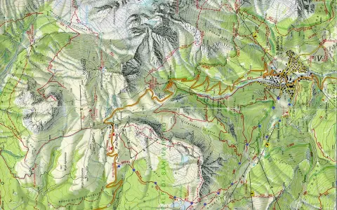 Mappa sentieri San Martino di Castrozza con rilievi montuosi, sentieri segnati e il paese.