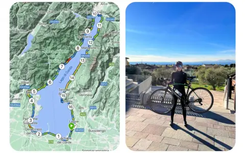 Mappa del giro del lago di Garda km, con ciclista e bici pronti all'avventura.