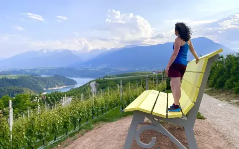 Donna ammira il panorama da una panchina gialla gigante, circondata da vigneti e montagne.