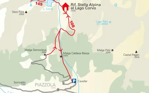 Sentiero 145 e 108 conducono al Rifugio Stella Alpina al Lago Corvo. Vicino si trova il Lago Palù di Caldes.