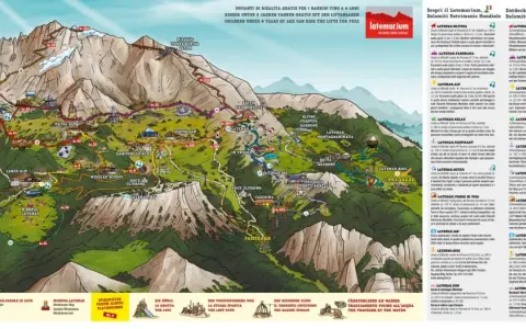 Mappa illustrata del Latemar, Patrimonio UNESCO, con sentieri, rifugi e attrazioni. Un'avventura tra le Dolomiti.