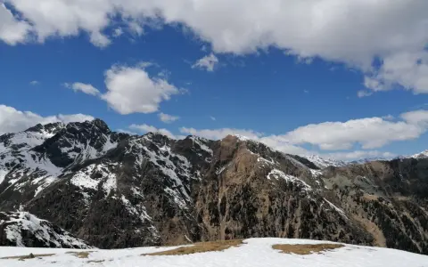 Cimon di Bolentina, un maestoso panorama montuoso con cime innevate e un cielo azzurro punteggiato di nuvole bianche.