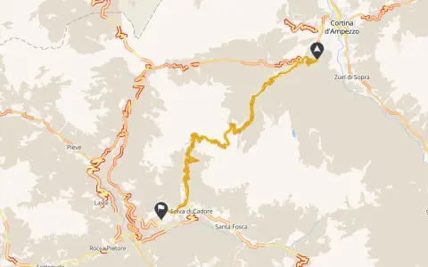 Mappa delle valli dolomiti con percorsi tortuosi che attraversano Cortina d'Ampezzo, Selva di Cadore e Pieve.