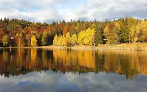 Colori autunnali vibranti si specchiano nel lago santo Val di Cembra, creando un paesaggio incantevole.