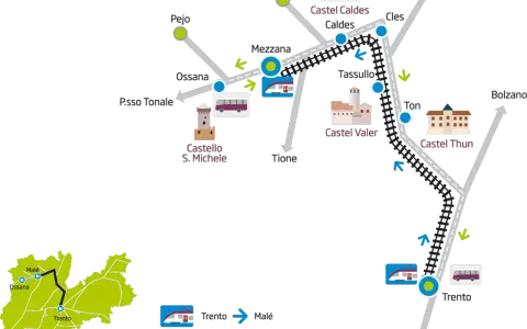 Mappa del trenino panoramico trentino con collegamenti tra Trento, Malé, Ossana e altre località, mostrando castelli e fermate.