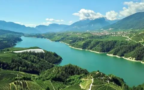 Panoramica mozzafiato del lago di Santa Giustina, circondato da verdi colline coltivate e montagne imponenti.