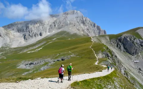 Escursionisti su sentiero ghiaioso, godendosi un **trekking più giorni Dolomiti** con vette imponenti e prati verdi.