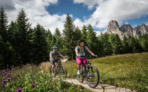 Coppia in mountain bike su sentiero a Passo Campolongo, con bosco di abeti e montagne sullo sfondo.