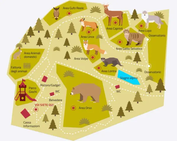 Mappa illustrata del **Spormaggiore parco** con aree dedicate a volpi, lupi, orsi, lontre, caprioli, gatti selvatici, gufi reali, linci, animali domestici e una fattoria. Include parco giochi, ristoro, osservatori e stagno alpino.