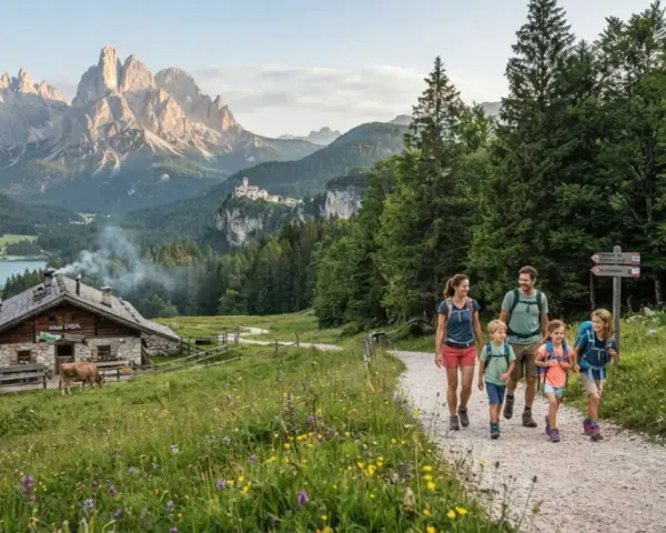 Famiglia in un percorso di trekking facile tra prati fioriti e montagne maestose, con un rifugio alpino e mucche al pascolo.
