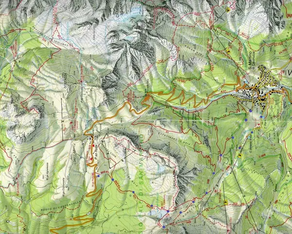 Mappa sentieri San Martino di Castrozza con rilievi montuosi, sentieri segnati e il paese.