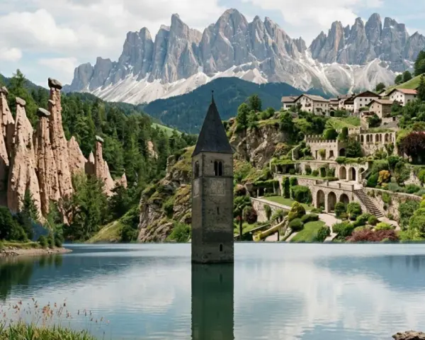 Torre sommersa nel lago di Resia, Trentino Alto Adige, con le piramidi di terra e le Dolomiti sullo sfondo.
