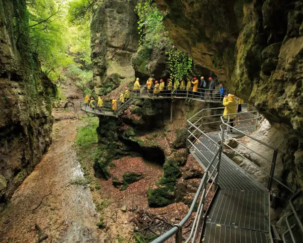 Un gruppo di turisti con impermeabili gialli esplora il **rio sass fondo**, un canyon verdeggiante con passerelle metalliche che si snodano tra le rocce.