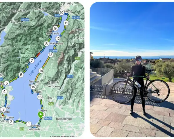 Mappa del giro del lago di Garda km, con ciclista e bici pronti all'avventura.