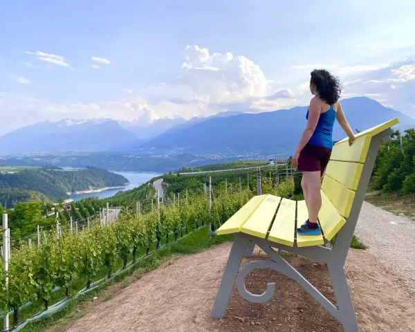 Donna ammira il panorama da una panchina gialla gigante, circondata da vigneti e montagne.