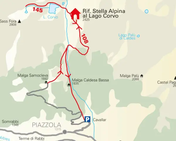 Sentiero 145 e 108 conducono al Rifugio Stella Alpina al Lago Corvo. Vicino si trova il Lago Palù di Caldes.