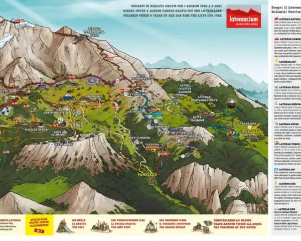 Mappa illustrata del Latemar, Patrimonio UNESCO, con sentieri, rifugi e attrazioni. Un'avventura tra le Dolomiti.