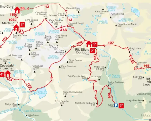 Mappa del Parco Nazionale dello Stelvio con sentieri per escursioni. Percorsi segnati in rosso, rifugi e cime evidenziati.