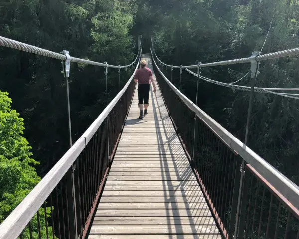 Una persona cammina su un **ponte tibetano** tra gli alberi delle **Dolomiti**.