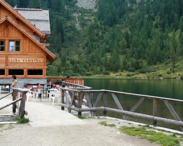 Rifugio sul lago nambino, con tavoli all'aperto e un bosco di conifere sullo sfondo.