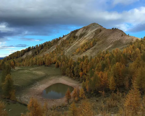 Autunno dorato sul lago delle salare, con larici color ocra che abbracciano la montagna e riflettono il cielo nuvoloso.