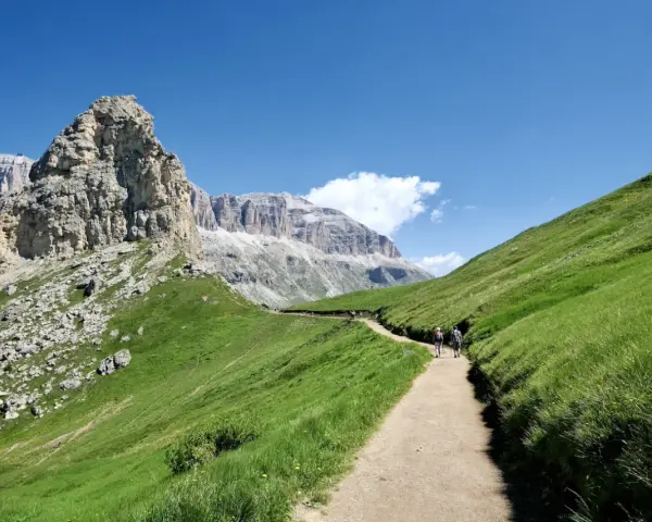 Sentiero nel verde del Val di Fassa, tra le vette maestose. Un'esperienza indimenticabile per le escursioni più belle.