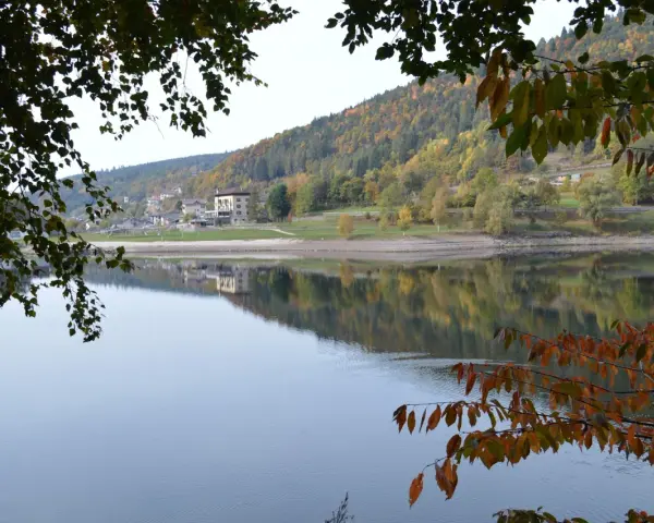 Autunno a Baselga di Pinè: il lago riflette le case e i boschi colorati. Cosa vedere in questo incantevole borgo trentino.
